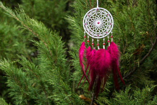 手工捕梦网，用羽毛、线和珠子绳挂图片下载