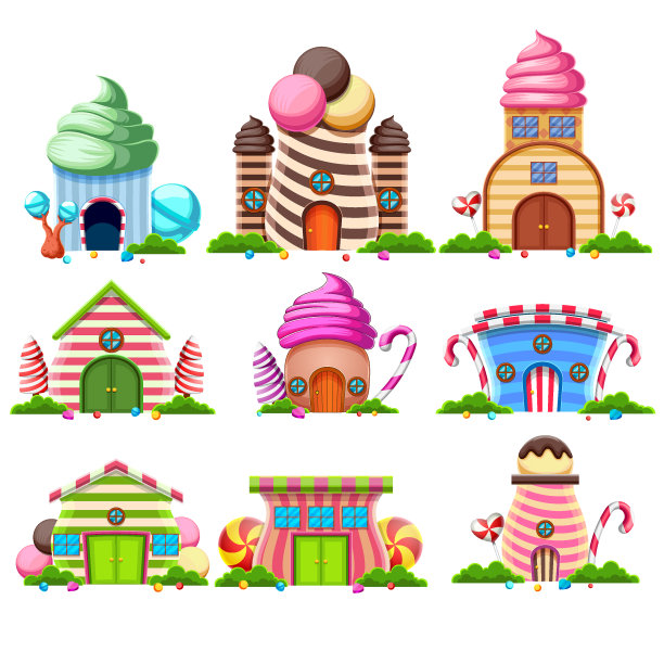 集梦幻甜蜜的蛋糕屋和装饰糖果的插图图片下载