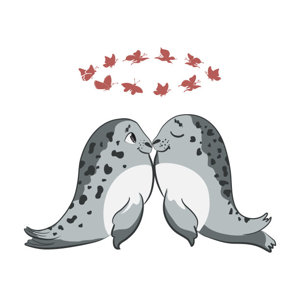 一对相爱的情侣，两只可爱的卡通小海豹。t恤印花图案。图片下载