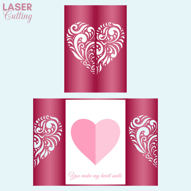 激光切割模板大门折叠卡与图案的心宣传册，婚礼请柬或情人节贺卡。图片下载