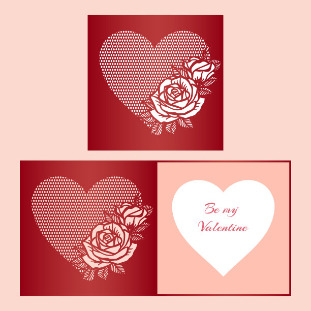激光切割模板折叠卡片与玫瑰图案的心宣传册，婚礼请柬或情人节贺卡。图片下载