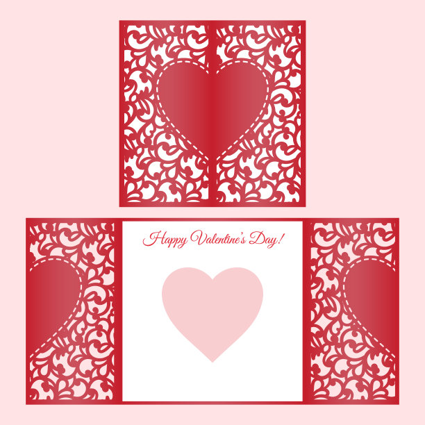 激光切割模板大门折叠卡与图案的心宣传册，婚礼请柬或情人节贺卡。图片下载