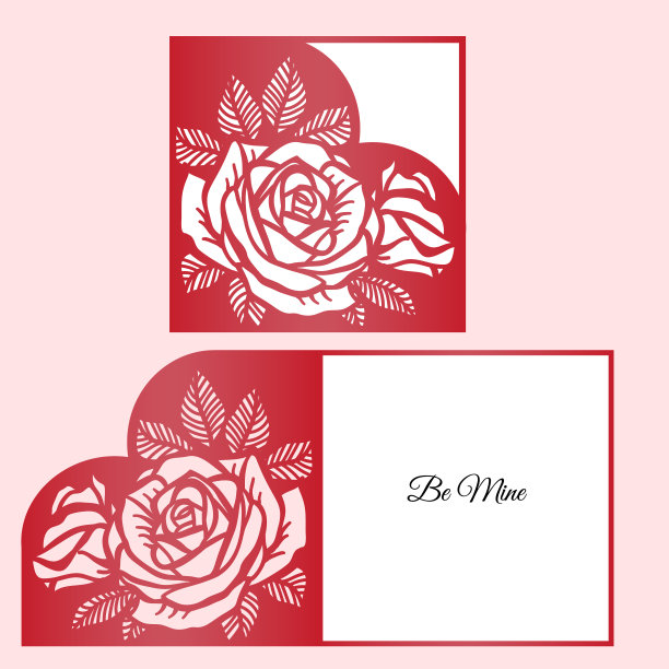 激光切割模板折叠卡片与玫瑰图案的心宣传册，婚礼请柬或情人节贺卡。图片下载