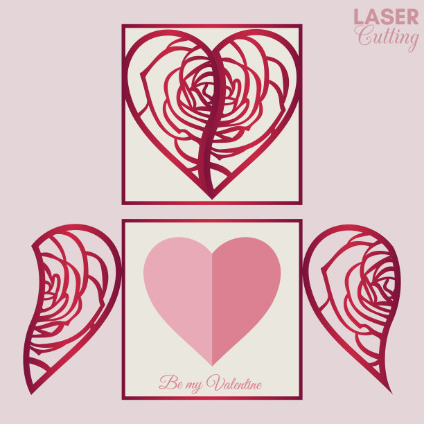 激光切割模板的大门折叠卡片与玫瑰图案的心宣传册，婚礼请柬或情人节贺卡。图片下载