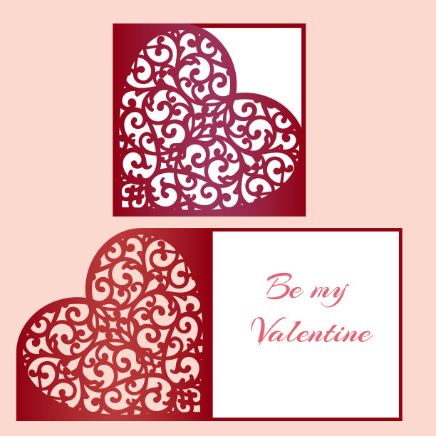 激光切割模板折叠卡片与心形的小册子，婚礼请柬或情人节贺卡。图片下载