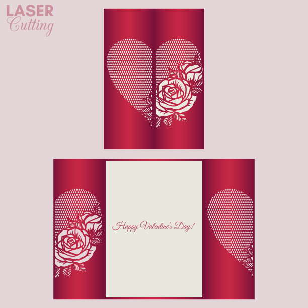 激光切割模板的大门折叠卡片与玫瑰图案的心宣传册，婚礼请柬或情人节贺卡。图片下载