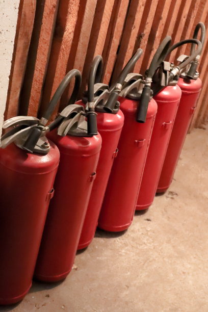 5个灭火器排列在居民楼地下室入口木墙附近图片下载