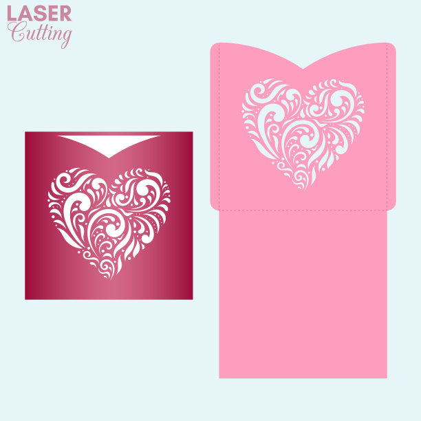 激光切口袋信封与心形图案。切割的模板。婚礼邀请或情人节贺卡模型与花边心。图片下载