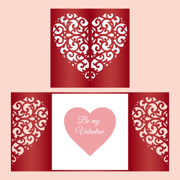 激光切割模板大门折叠卡与图案的心宣传册，婚礼请柬或情人节贺卡。图片下载