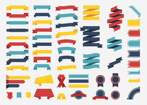美丽的安排和大受欢迎的不同颜色的丝带和标志在白色的背景。四根柱子，样式和颜色都很随意。矢量插图。图片下载