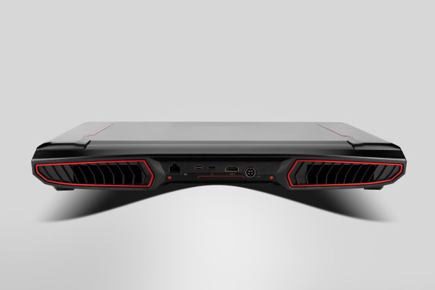 游戏笔记本电脑的背面照片，放置在灰色背景。图片下载