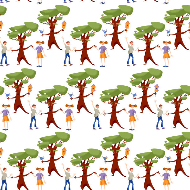 男孩和女孩牵手向树木致意，无缝背景图案图片下载
