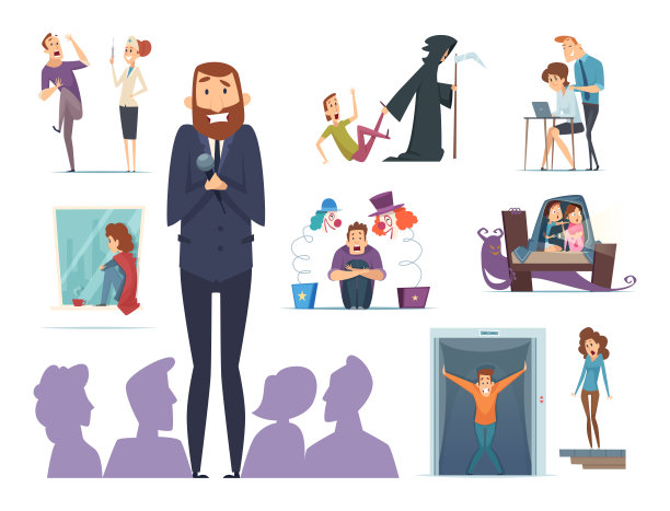 可怕的人物。各种恐惧的人，神经质的人，惊慌的人，表情狰狞的人，恐惧症的载体，吓人的人图片下载