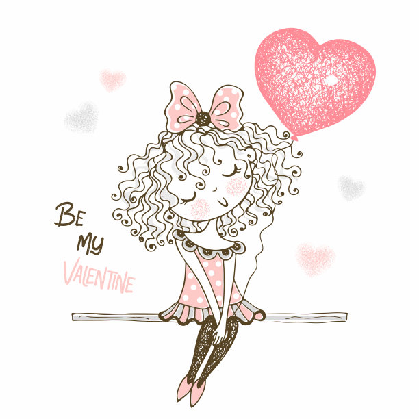 可爱的小女孩拿着一个心形的气球。你是我的情人。向量图片下载