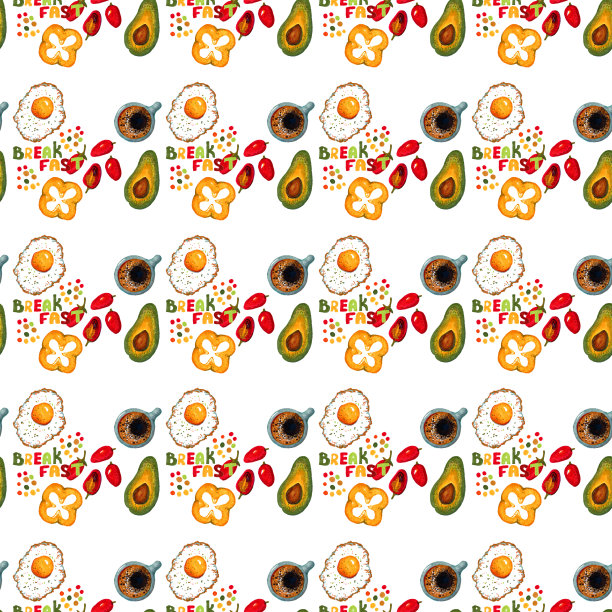 早餐:煎蛋，咖啡，牛油果，辣椒，西红柿。手绘无缝模式上的白色背景。图片下载