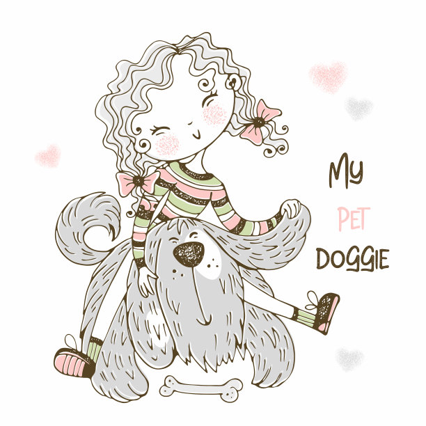 可爱的女孩和她毛茸茸的朋友小狗玩。向量图片下载