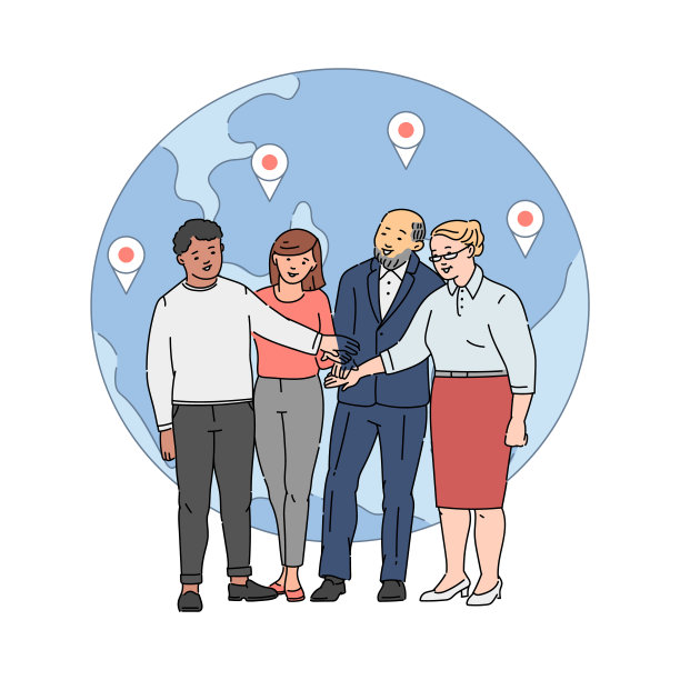 卡通人物团队在全球背景下携手合作图片下载