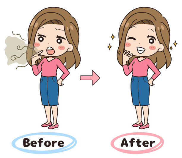 插图一套患有口臭的女人，前后全身上下。素材图片