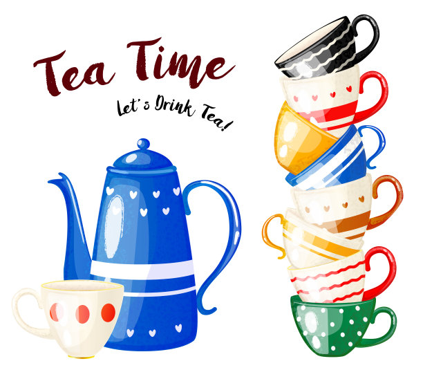 明亮的卡片上有许多茶杯和一个蓝色的卡通茶壶。下午茶时间。矢量图图片下载