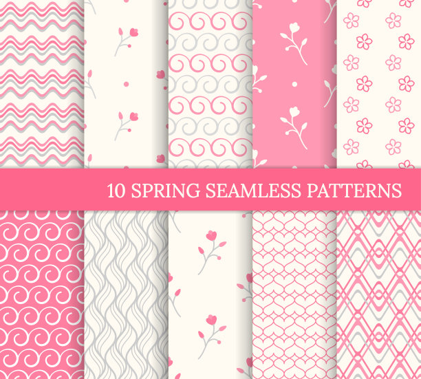 十春无缝图案。情人节或母亲节的浪漫粉色背景。壁纸、网页、包装纸的纹理无穷无尽。爱复古风格。波浪，花朵，漩涡，树枝图片下载