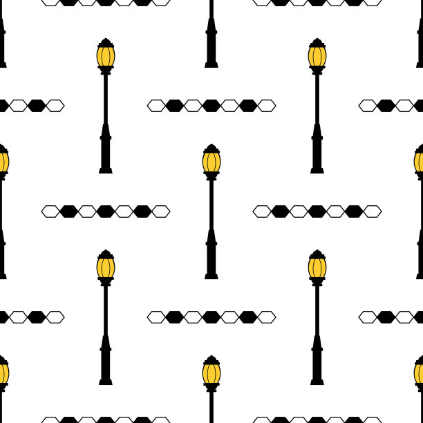 无缝模式与路灯黑色轮廓孤立在白色背景。现代和复古街灯。景观营造要素。矢量插图设计，包装纸图片下载