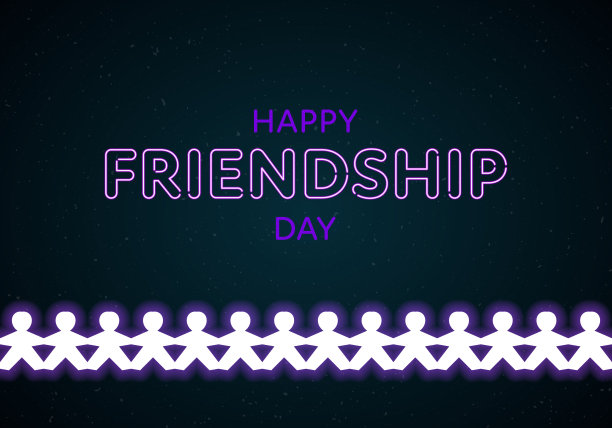 向量快乐友谊日横幅。霓虹紫色的文字在黑暗的背景与水平排发光纸人。假日设计网页，海报，邀请卡，聚会，学校活动，印刷。图片下载