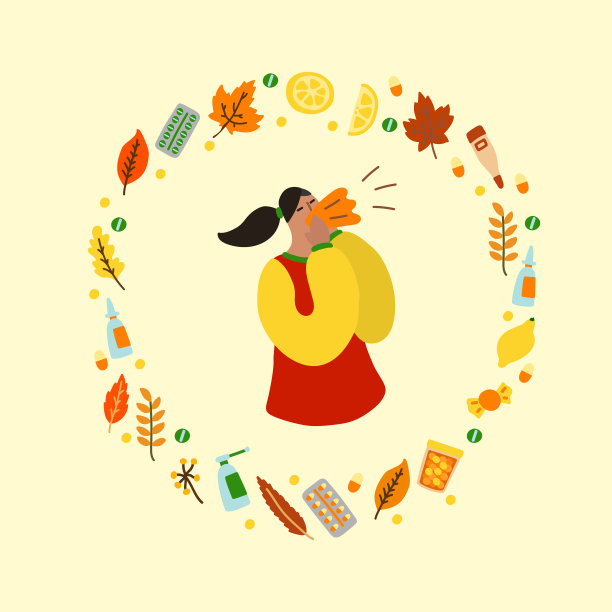 矢量平面插图与流感女人，药品和树叶图片下载