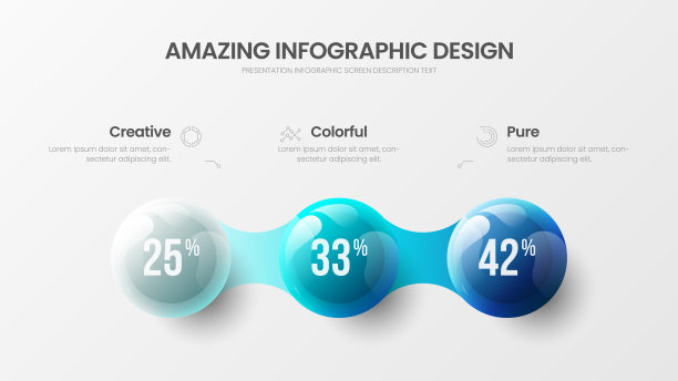 商业3选项信息图演示矢量3D彩色球体插图。企业营销分析数据报告设计布局。公司统计信息图可视化模板。图片下载