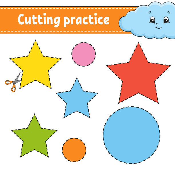 为孩子们削减练习。教育发展工作表。带有图片的活动页面。儿童色彩游戏。孤立的矢量图。有趣的角色。卡通风格。图片下载