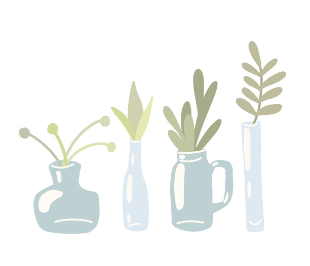 一套平手绘玻璃花瓶和罐子与香草和叶子的花束。泻湖装饰的元素。矢量轻轻地绘制对象图片下载