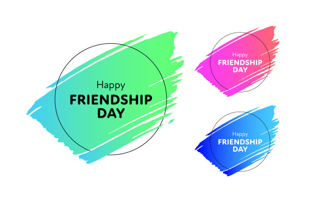 一套现代向量快乐友谊日横幅。酸性的绿色，粉色，蓝色梯度时髦的垃圾刷形状与圆形框架。假日设计网页，海报，卡片，聚会，学校活动，印刷图片下载
