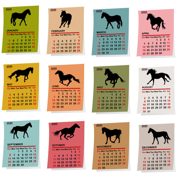 2020年复古日历与马的轮廓图片下载