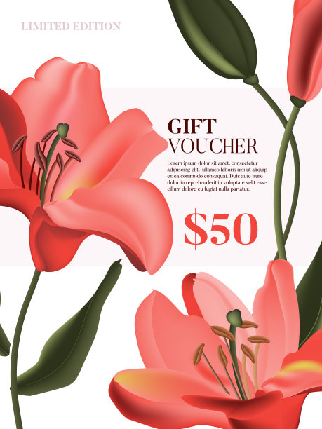 矢珊瑚百合广告券。鲜花礼品卡，婚礼邀请函模板，红花设计，春天的自然节日装饰。马蹄莲花花园图片下载