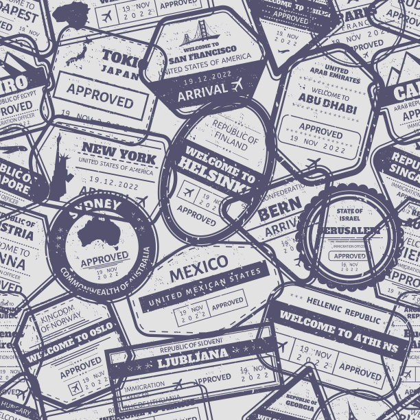 旅行邮票无缝图案。复古签证国际抵印边境。澳大利亚，美国和日本航空登机邮票框架垃圾矢量背景图片下载