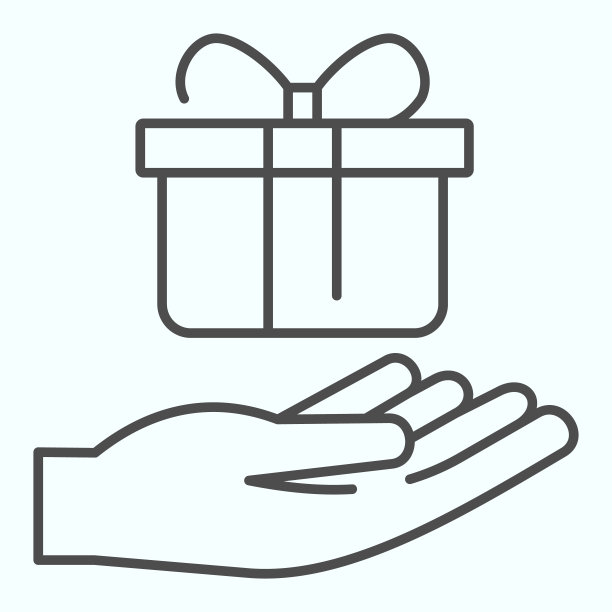 赠送细线图标。一份礼物上的手矢量插图孤立在白色。赠送礼盒轮廓风格设计，专为网页和应用设计。Eps 10。素材图片