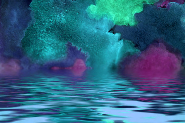 艺术海洋景观-水彩天空的水。图片下载