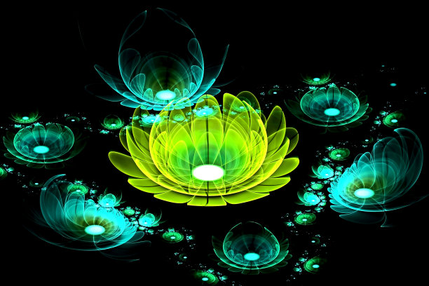 抽象的分形计算机生成的发光的3d花。黑色背景上的彩色分形画图片下载