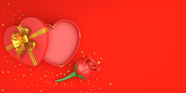 情人节快乐，玫瑰花心型礼盒，红色背景上闪耀的金色纸屑。贺卡，平铺，旗帜，布局，俯视图，复制空间文本区。3 d渲染插图。图片下载
