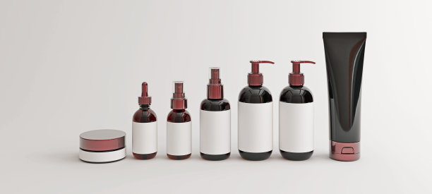 护肤护发美容产品模型、乳液瓶、油、膏霜管、铜色、黑色;隔离在白色，3d渲染，3d插图图片下载
