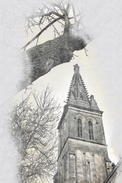 抽象的建筑素描风格形象的古屋和光秃秃的树木图片下载