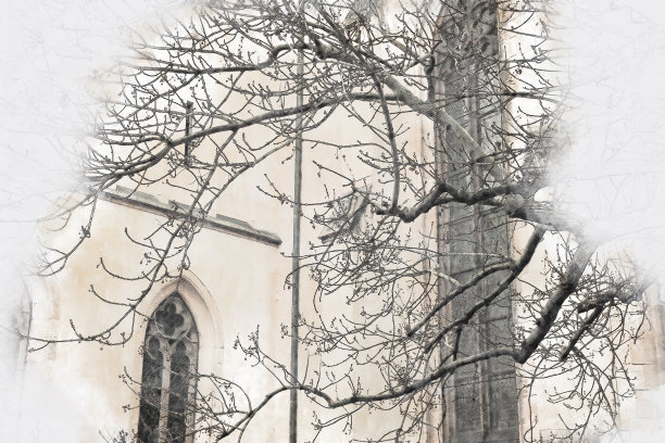 抽象的建筑素描风格形象的古屋和光秃秃的树木图片下载