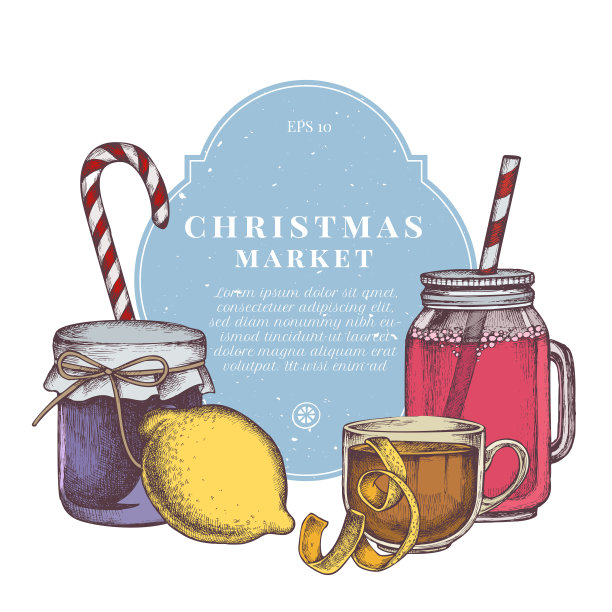 矢量组成彩色棒棒糖，柠檬，罐子，茶杯图片下载