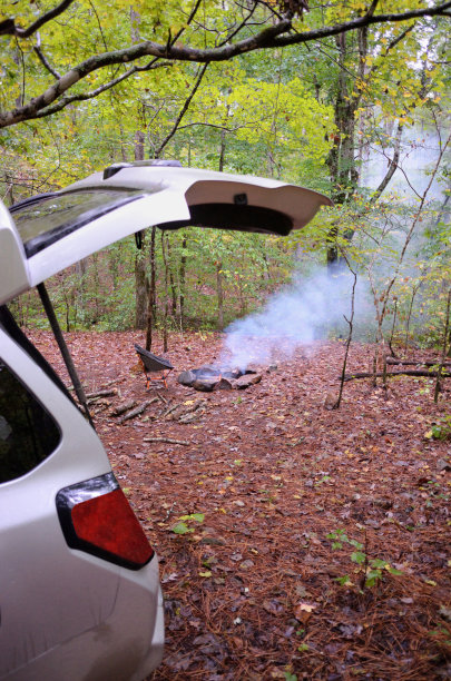 带着篝火在树林里露营的汽车图片下载
