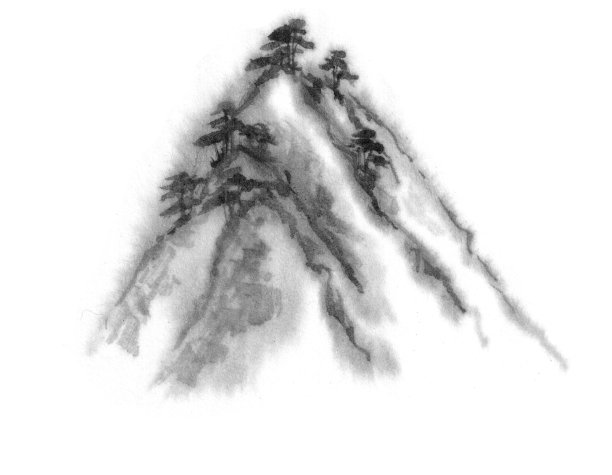 白色背景上的山顶。山峰耸立在雾中。山水一山一水由墨。东方，中国水墨画。毛笔画。素材图片