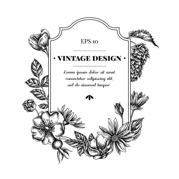 徽章设计有黑白狗玫瑰、啤酒花、洋蓟图片下载