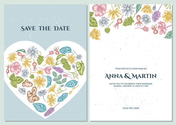 婚礼请柬有白菜，甘菊，狗玫瑰，啤酒花，菊芋，薄荷图片下载