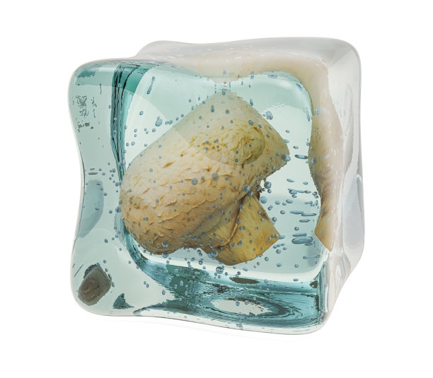 蘑菇冻结在冰块中，3D渲染孤立在白色背景上图片下载