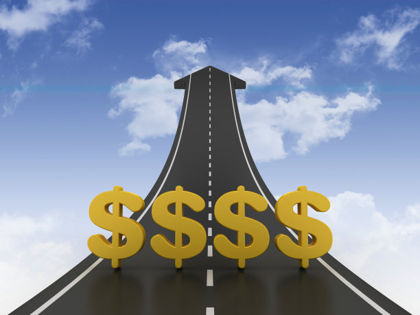 道路箭头与美元符号在天空- 3D渲染图片下载