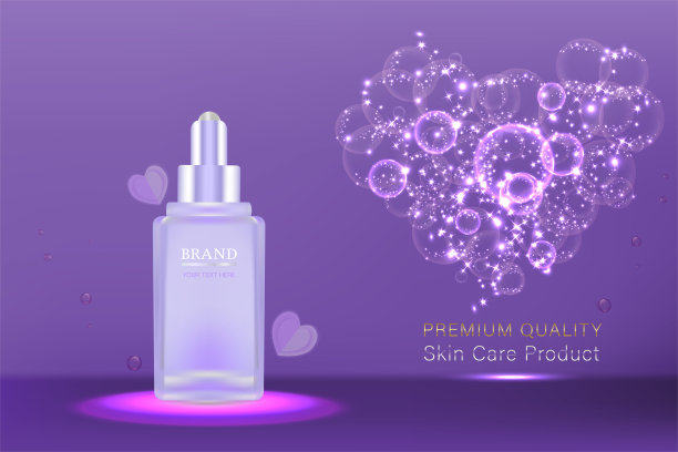 美容产品，紫色化妆品容器与广告背景准备使用，情人节概念护肤广告，插图向量。图片下载