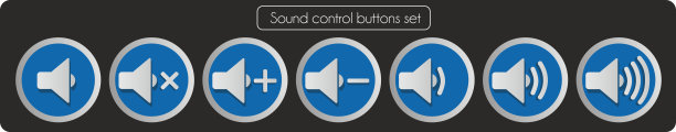 矢量插图。蓝色的圆形图标。按钮设置声音控制与金属看框架。图片下载